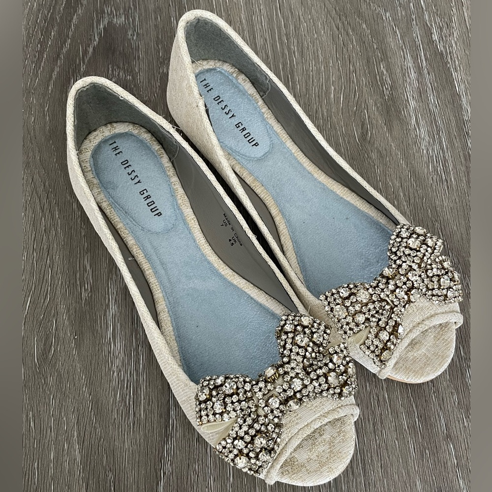 Ivory & Gold Peep Toe Flat Shoe with Removable Rhinestone Bow